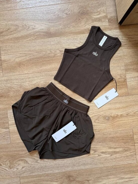 ALO Yoga Pants - Alo Yoga Aspire Tank & Match Point Shorts Set, Espresso, XS